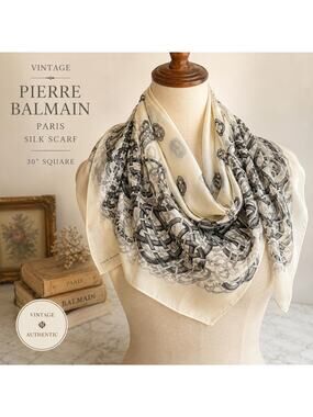 Vintage Pierre Balmain Paris Silk Chiffon Scarf Cream Chain Print Square 31”